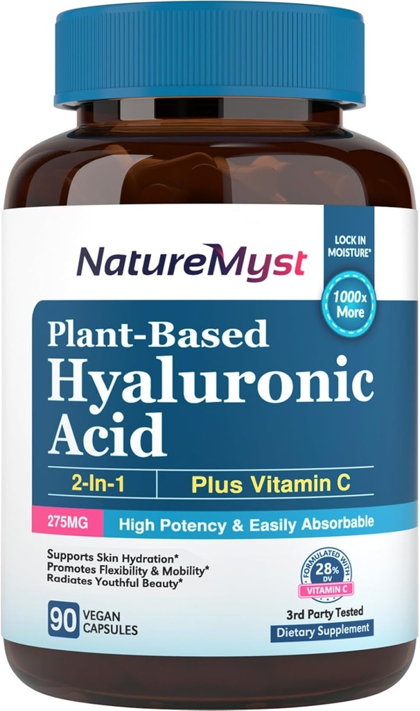 Suplemento de ácido hialurónico, con vitamina C, 250 mg de Há de base vegetal, 90 caps veganos, para piel y ojos, producción de colágeno, fácilmente absorbible