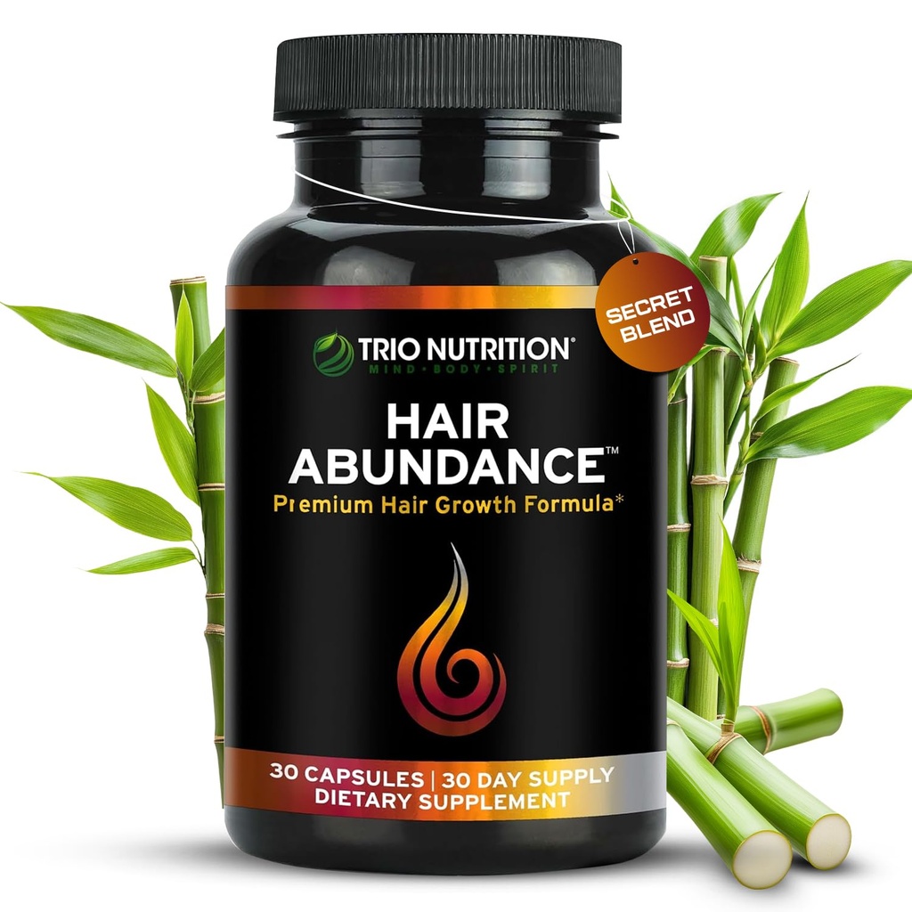 TRIO NUTRITION Hair Abundance ← Natural Vitamin Supplement for Hair Growth, Strong Nails and Smooth Skin habit Boosted with Collagen, Keratin, Zinc &amp; Selenium ← Biotin 10000mcg ← 30 Day Supply