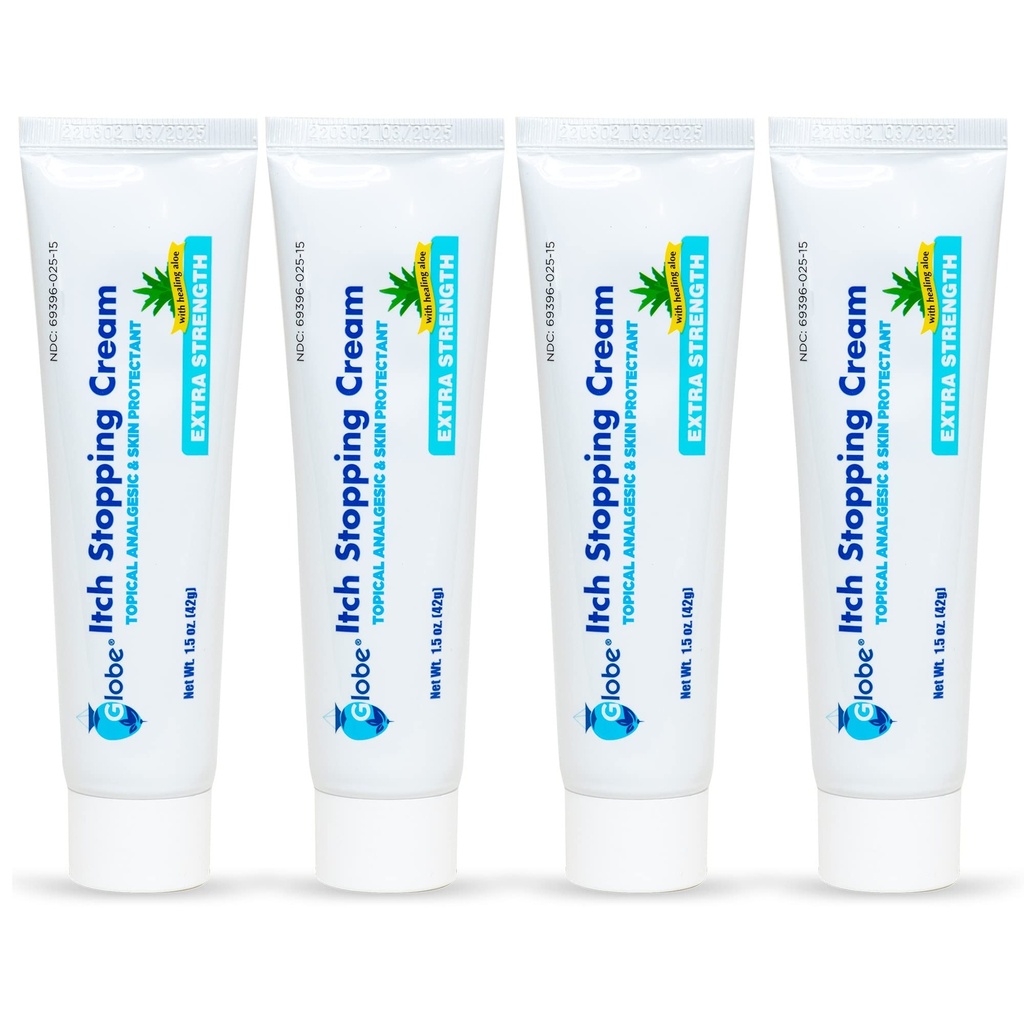 (4 Pack) Globe Extra Strength Itch Stopping Anti-Itch Cream 1.5 Oz con Histamine Blocker, Diphenhydramine HCl Topical Analgesic &amp; Zinc Acetate Skin Protectant for Relief from Most Outdoor Itches