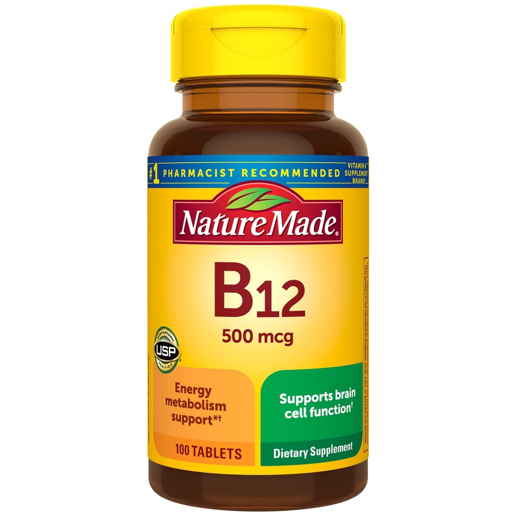 Nature Made Vitamina B12 500 mcg, Suplemento dietético para el apoyo al metabolismo energético, 100 Tablets, 100 Day Supply