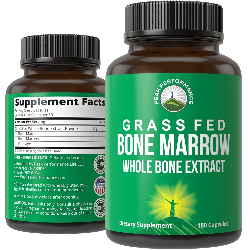 Peak Performance Grass Fed Bone Marrow - Whole Bone Extract Supplement 180 Capsules Superfood Pills Rich in Collagen, Vitamins, and Amino Acids. from Bone Matrix, Marrow, Cartilage. Tabletas ancestrales