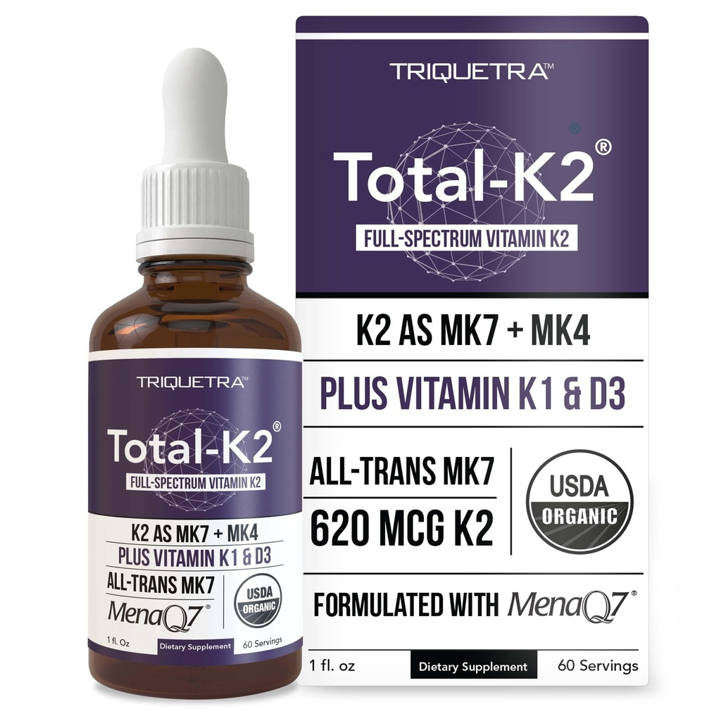 Total K2® tención Vitamina K2 como MK7 &amp; MK4 tención Plus K1 & Vitamina D3 Cofactor - 620 mcg K2 por Serving - All-Trans MK7 de MenaQ7® - Full-Spectrum Vitamin K - Vegan, Certified Orgánico (Liquid 1 oz)