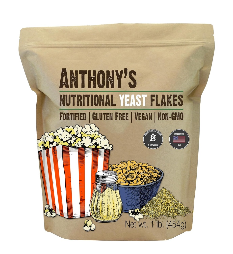 Levadura Nutricional Premium de Anthony, 1 lb, Fortificada, Gluten Free, No GMO, Vegan