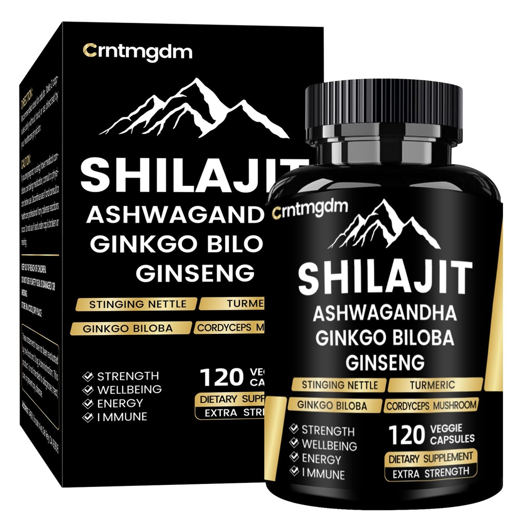 Shilajit Capsules - 20,000mg Puro Himalayan Shilajit orgánico para hombres ' mujeres con Ashwagandha, apoya la vitalidad y el bienestar, Premium Shilajit Puro Himalayan Suplemento, 120 cápsulas