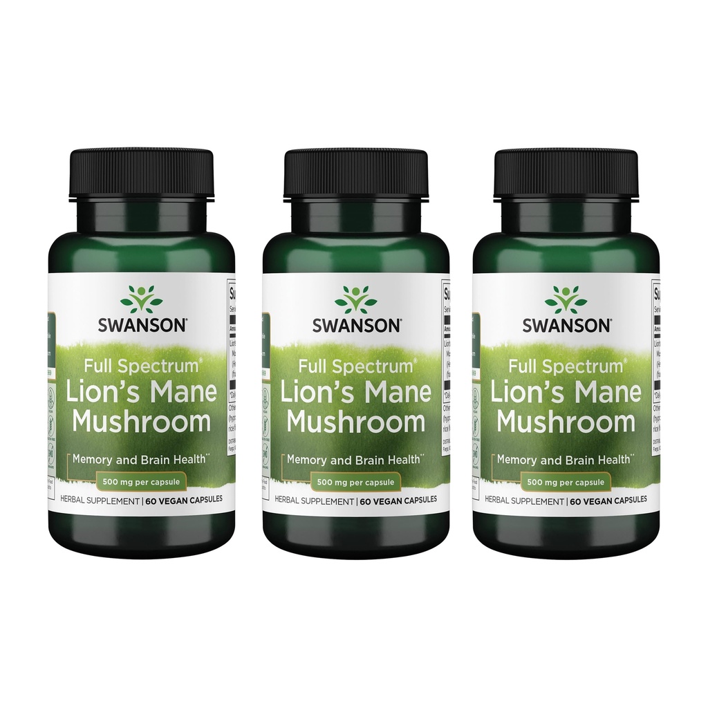Mushroom Mane de Swanson Lion - Suplemento tradicional de Booster de Cerebro Hericium Erinaceus (60 cápsulas, 500 mg cada uno) 3 Pack