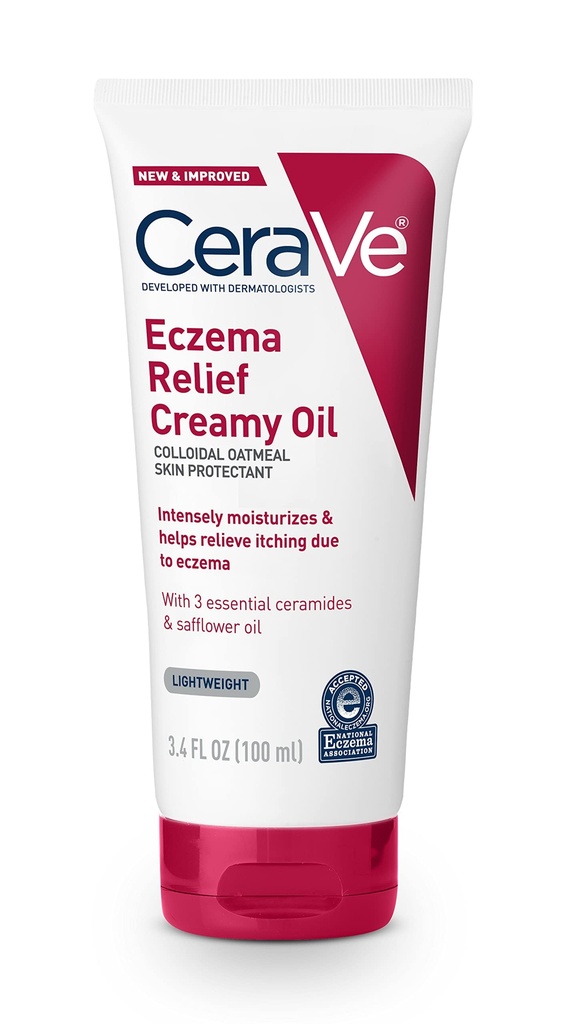 CeraVe Eczema Relief Creamy Body Oil, Eczema Calming Cream with Colloidal Oatmeal " Safflower Oil For Dry Skin " Itchy Skin Relief, Steroid Free " Paraben Free, 3.4 Ounce