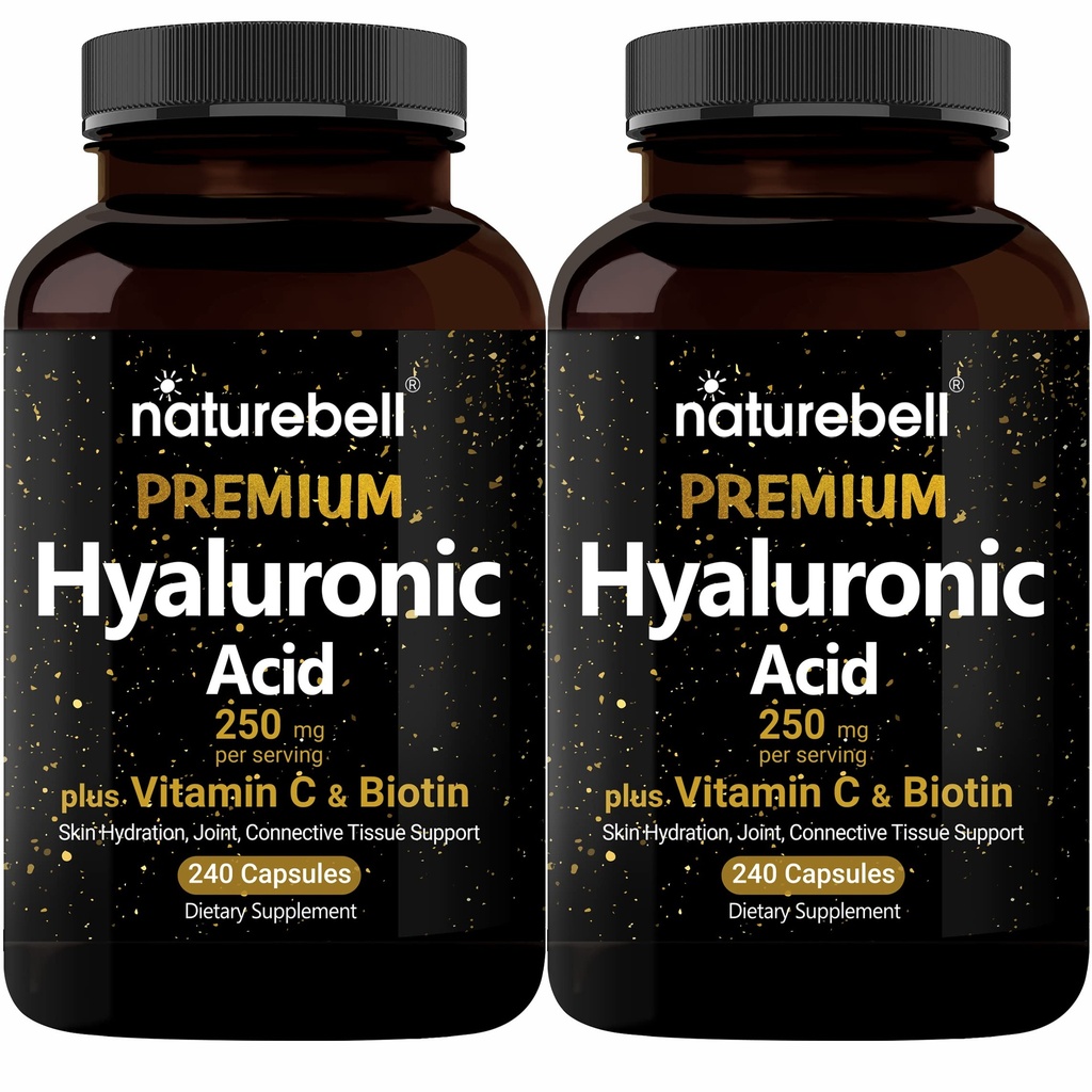NatureBell 2 Pack Planta base Suplementos de ácido hialurónico 250 mg con 25 mg Vitamina C & Biotina 5000mcg, 480 cápsulas totales tención esencial para el crecimiento del cabello, soporte conjunto, " Hidrating Skin  durable Non-GMO