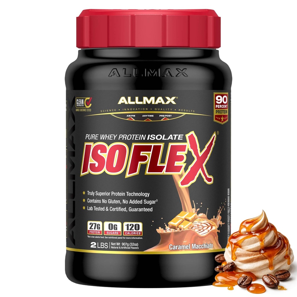 ALLMAX Nutrition ISOFLEX Whey Protein Isolate, Caramel Macchiato - 2 lb - 27 Gramos de Protein Por Scoop - Zero Fat & Sugar - 99% Lactose Free - Gluten Free &amp; Soy Free - Aproximadamente 30 Servimientos