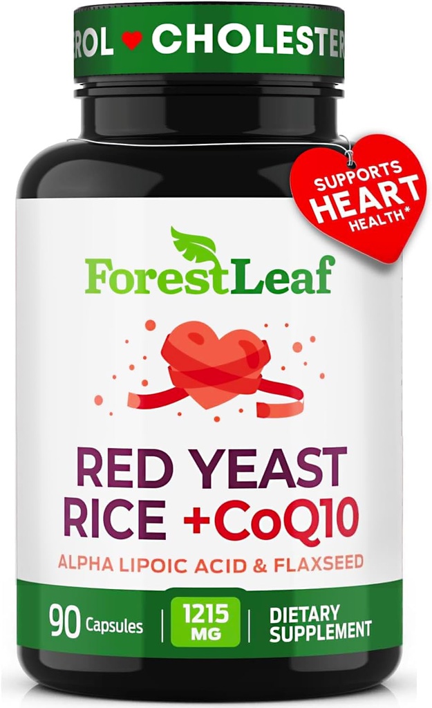 Rice de levadura roja 1215 mg. cápsulas - Levadura de arroz rojo de fuerza extra con suplemento CoQ10, más ácido lipoico alfa " Flaxseed orgánico, Citrinin libre, soporta la salud cardiovascular, no GMO 90 cápsulas vegetales