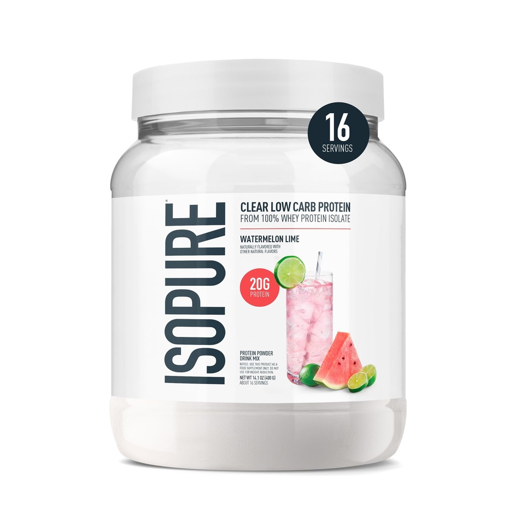 Isopure Clear Whey Isolate Protein Powder, Lactose Free, Gluten Free, Naturally Flavored, Watermelon Lime, 20g Protein Por Serving, 14.1 Oz, 16 Servings (Packaging May Vary)