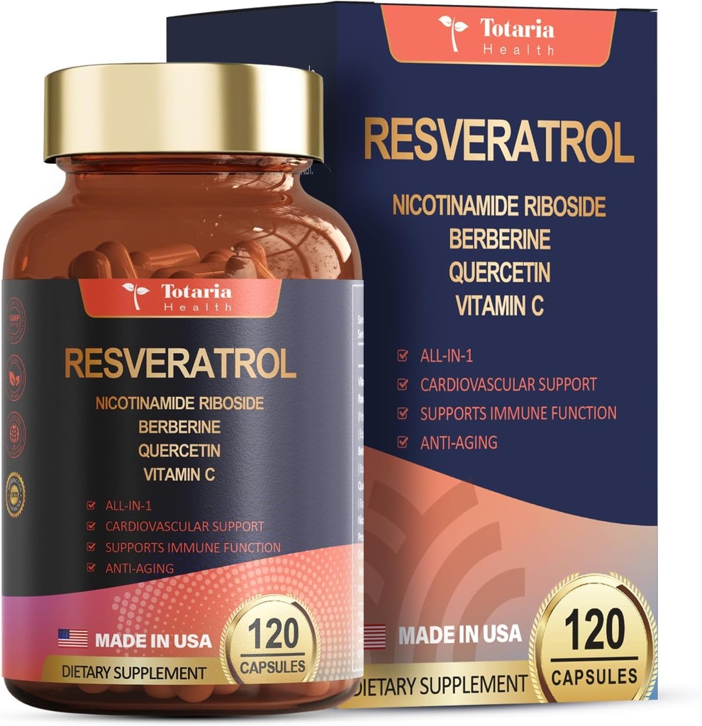 Resveratrol Suplemento Extra Strength with Berberine Quercetin Green Tea Extract Grape Seed Extract Polyphenol Antioxidant Suplemento Antioxidante &amp; Heart Health Support 120 Capsules