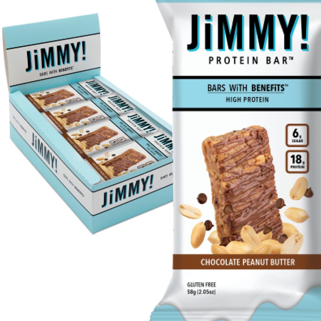 JiMMYBAR! Chocolate Peanut Butter Protein Bars 18g Protein Bar, 6g Low Sugar - 12 Count - 58g Health Bars - Functional Snack with Real Peanuts & Hand-Drizzled Chocolate