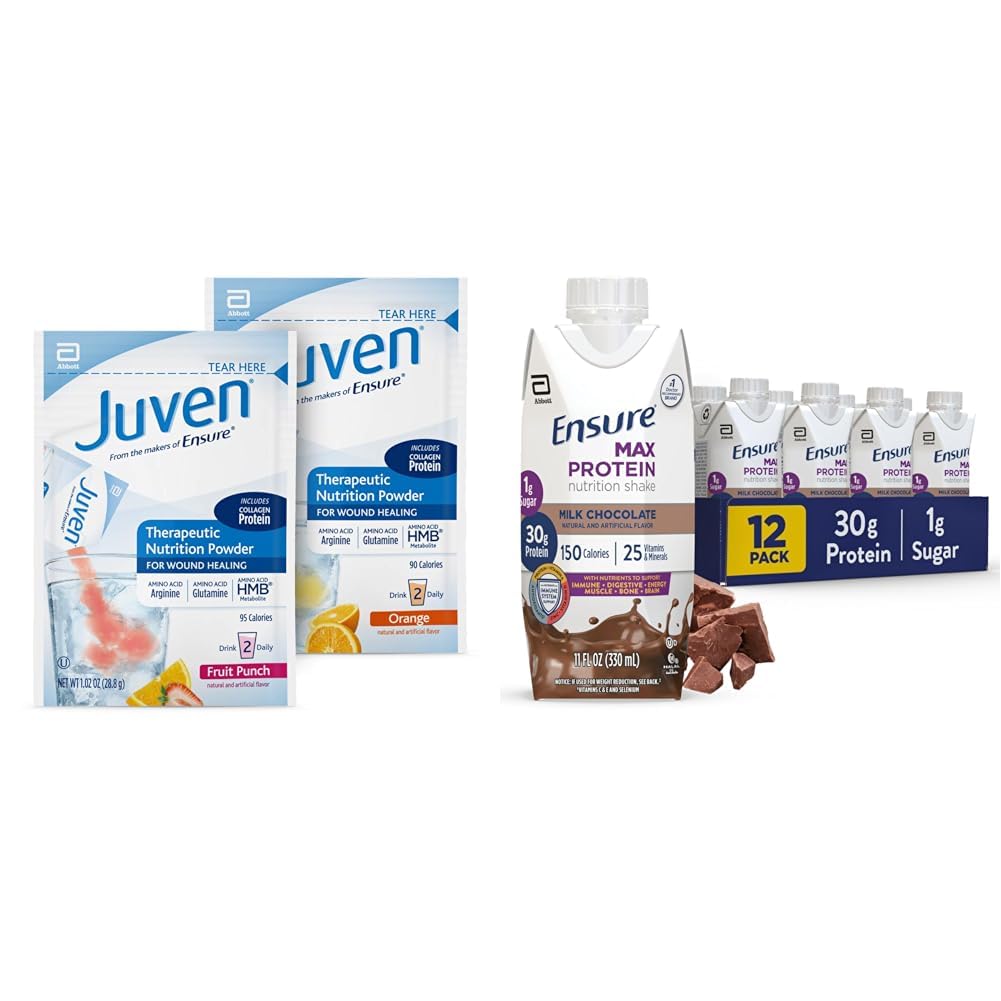 Juven Therapeutic Nutrition Drink Mix Powder for Wound Healing Support, Incluye Collagen Protein &amp; Ensure Max Protein Milk Chocolate Nutrition Shake, 30g Protein, 1g Sugar, 4g Comfort Fiber Blend