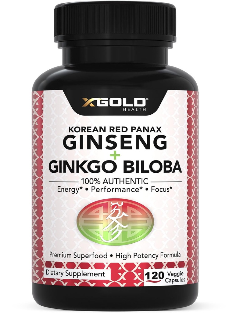 Authentic Korean Red Panax Ginseng 1200mg + Ginkgo Biloba 160mg – High Ginsenosides Extra Strength – Energía, Memoria, Focus &amp; Brain Health – Vegan Capsules for Men &amp; Women – 120 Conde