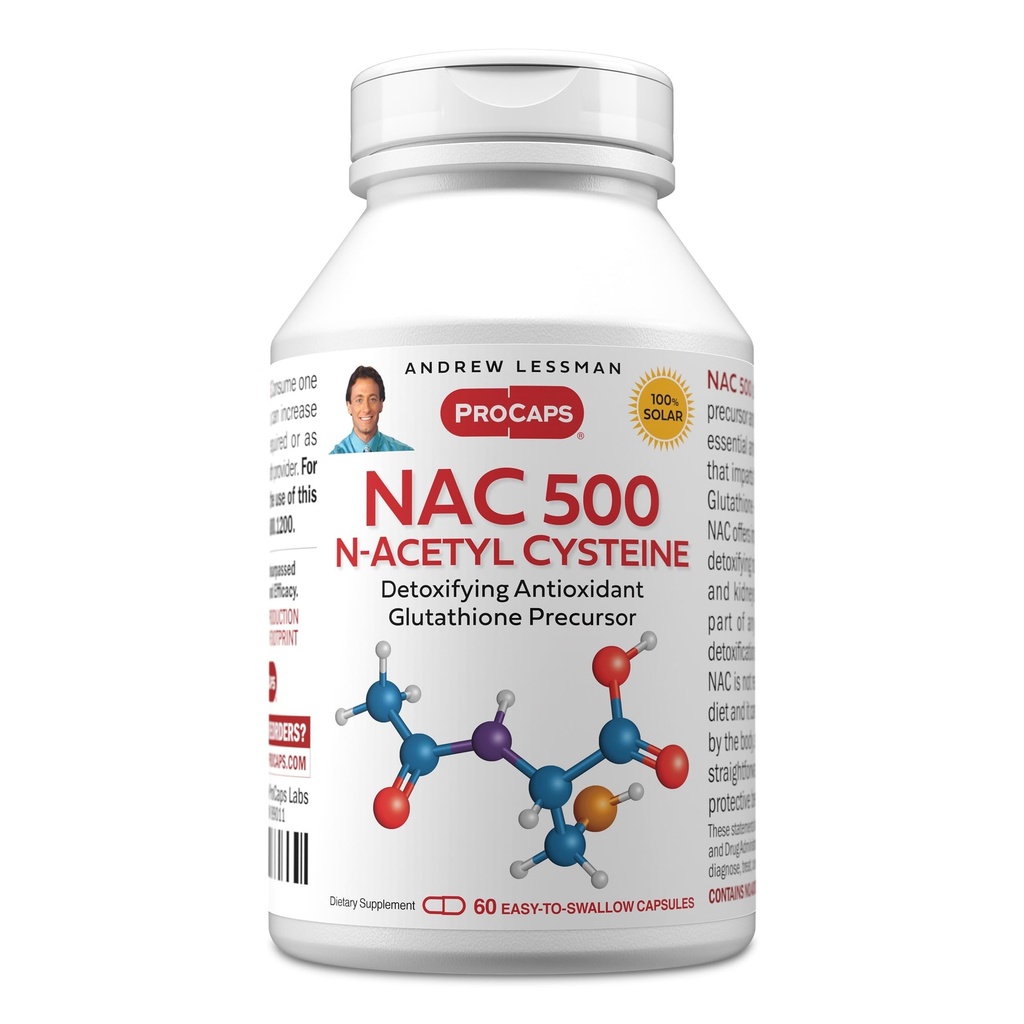 ANDREW LESSMAN NAC-500 N-Acetyl Cysteine 60 Capsules - Ayuda a combatir diariamente la amenaza de los radicales libres, protege cerebro, corazón, pulmones, hígado, riñones. Antioxidante desintoxicante. No hay aditivos