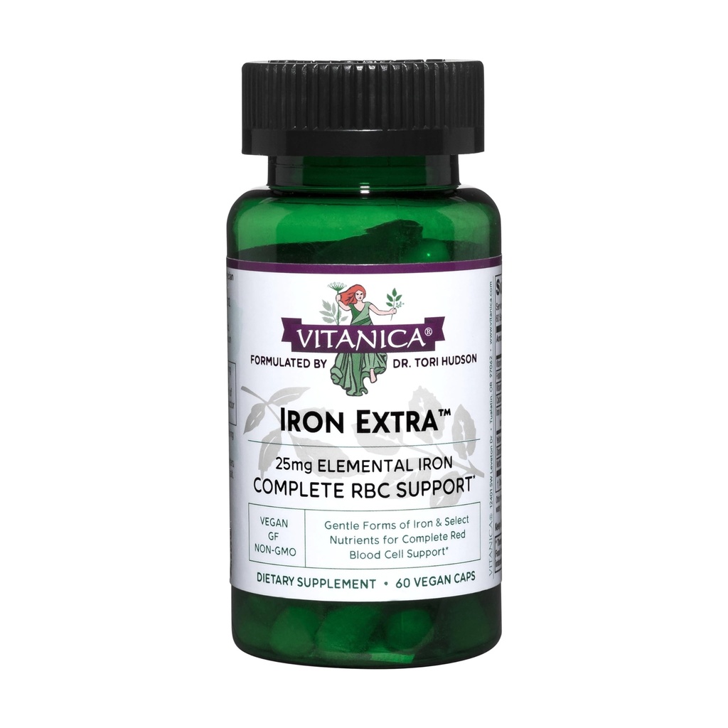 Vitanica Iron Extra, Suplemento Hierro Ausorción Mejorada con Vitamina C 500mg, Methylfolate 400mcg, B12 Vitamin 500mcg, Calcio, Dock Amarillo, Dandelion Root & Nettle Leaf Extract, Vegan, 60 cápsulas