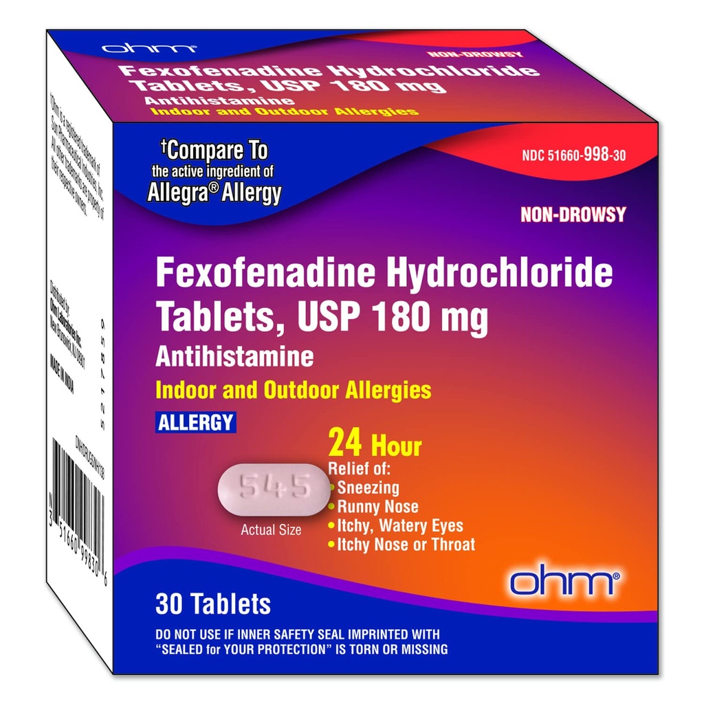 Ohm No-Drowsy Fexofenadine Antihistamine Indoor Alergia al aire libre Tablets 30ct