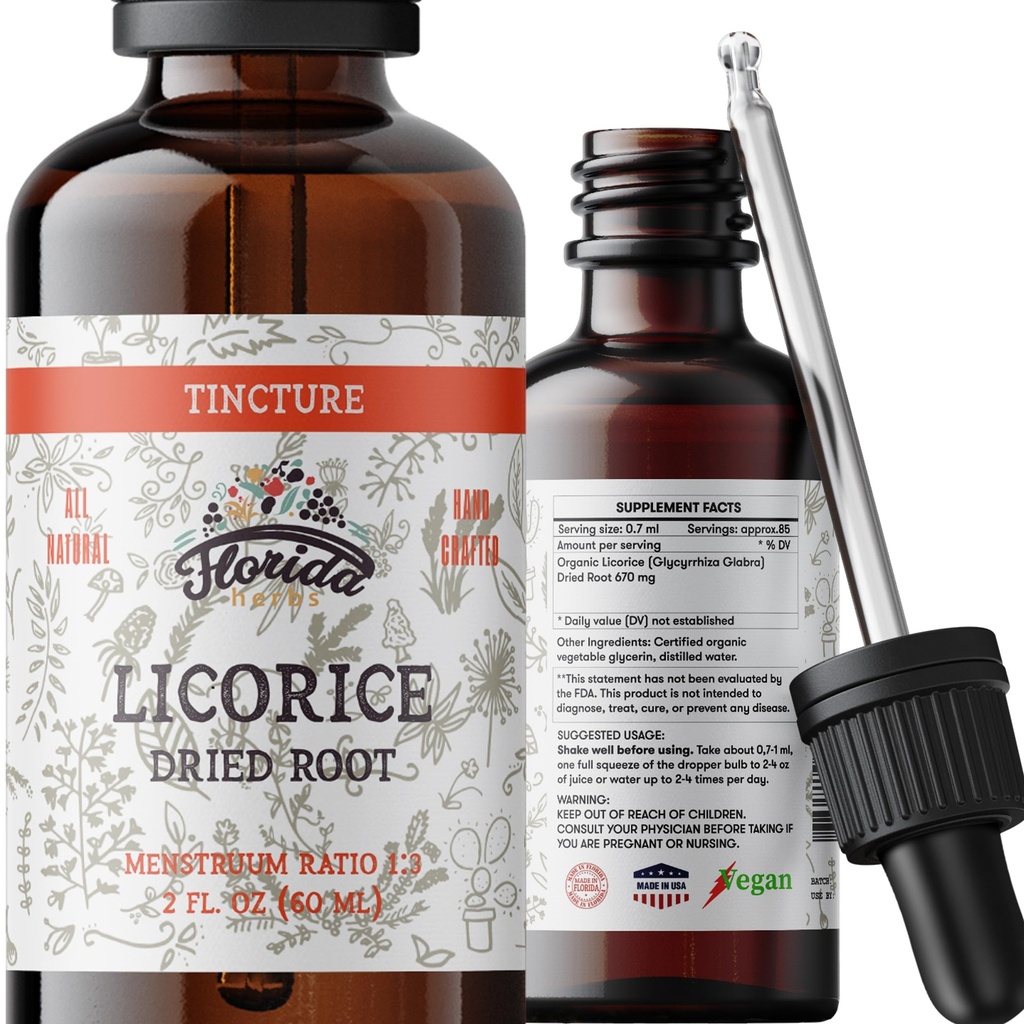 Licorice Tintura, Extracto de Licorice Orgánica (Glycyrrhiza Glabra) Root seco, Suplemento Herbal, No GMO en Glice vegetal orgánica presidida Glicerina 2 oz, 670 mg