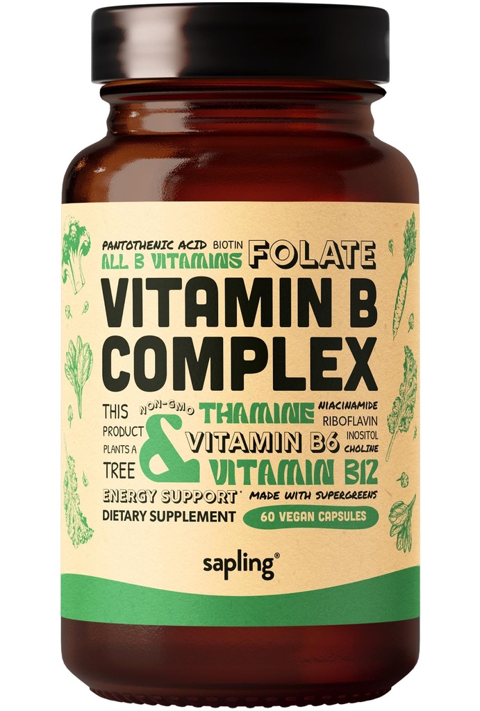 sapling Vegan Vitamin B Complex - Full Food Blend with Essential B Vitamins B1, B2, B3, B5, B6, B7, Folate, B12-60 Caps