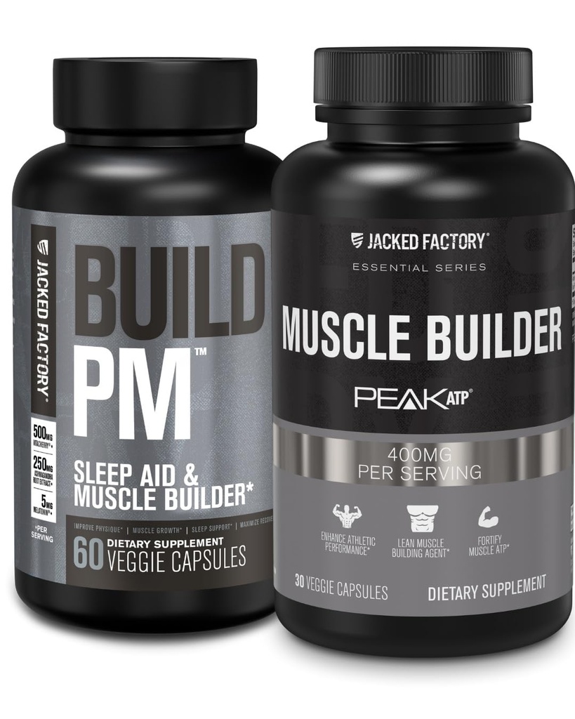 Jacked Factory Build PM Night Time Muscle Builder &amp; Sleep Aid (60 Capsules) & Essentials Muscle Builder - Daily Strength Builder for Men with Peak ATP (30 Capsules)