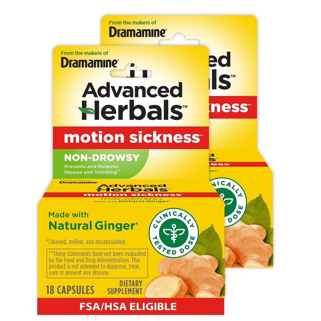 De los creadores de Dramamina, Herbals avanzados, No-Drowsy, Motion Sickness Relief, Made with Natural Ginger, 18 Conde, 2 Pack