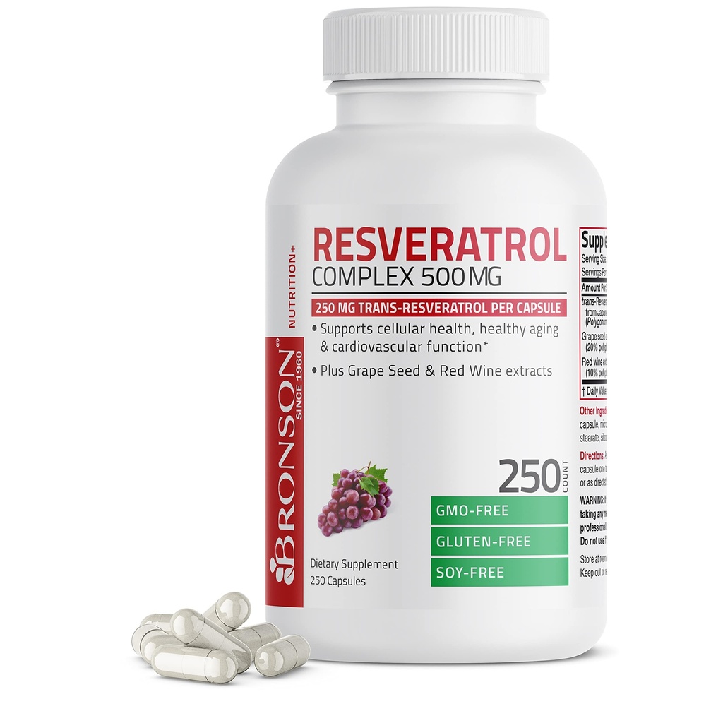 Resveratrol Bronson 500 Complejo Standardizado Trans-Resveratrol + Grape Seed & Red Wine Extract, 250 cápsulas