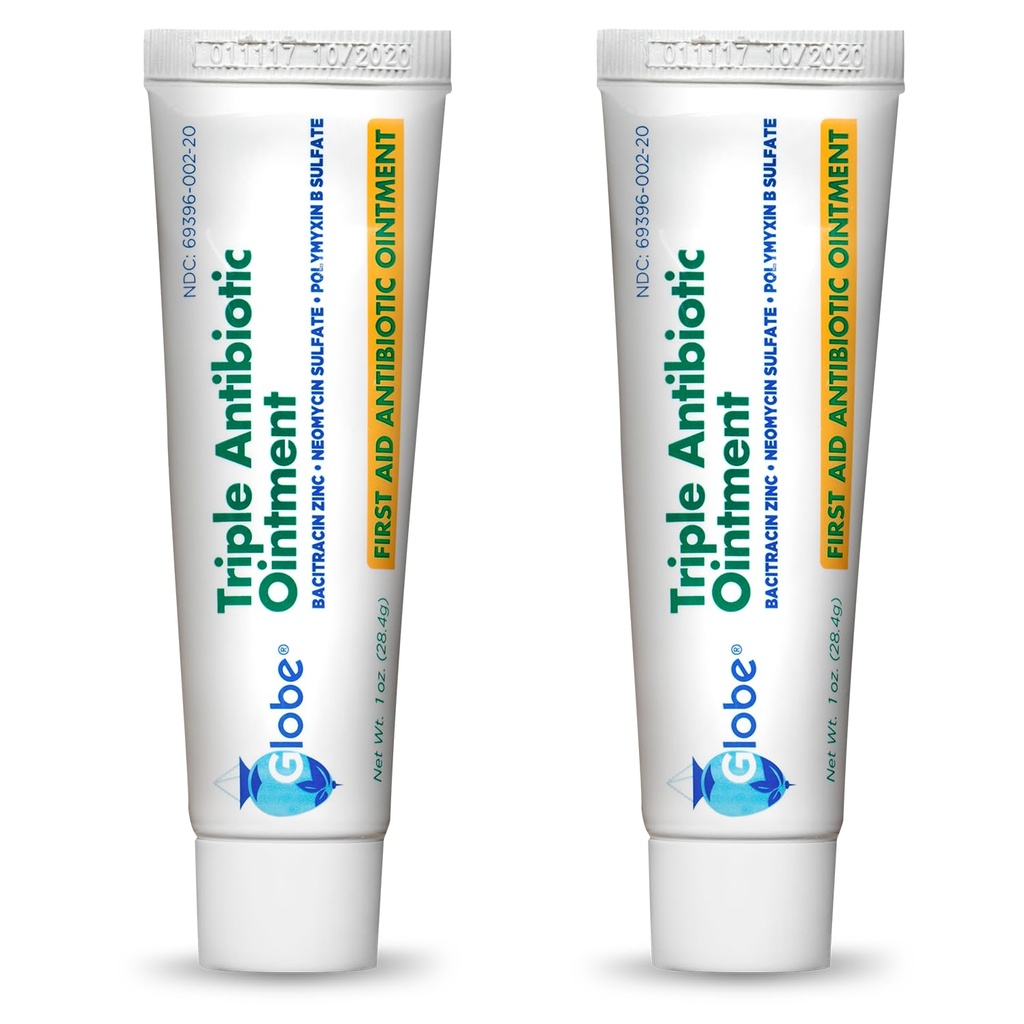 Globe Triple Antibiotic First Aid Ointment, 1 oz (2-Pack) First Aid Antibiotic Ointment, 24-Hour Infection Protection, Wound Care Treatment for Minor Scrapes, Burns and Cuts | Antibiotic Ointment, 24-Hour Infection Protection, Wound Care Treatment for Minor Scrapes, Burns and Cuts