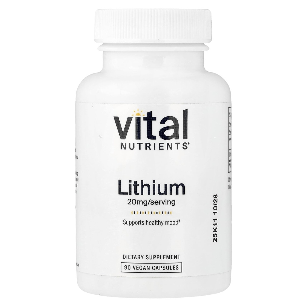 Nutrientes Vitales Lithium Orotate 20mg ← Suplementos de Litio Vegan para la memoria, estado de la mente y salud conductual* ¦ Gluten, Dairy, Soy Gratis