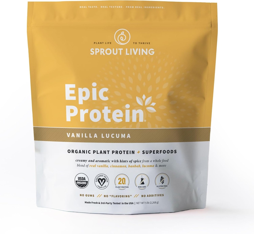 Sprout Living Epic Protein, Plant Based Protein & Superfoods Powder, Vanilla Lucuma Powder  20 Grams Organic Protein Powder, Vegan, Non Dairy, Non-GMO, Gluten Free, Low Sugar (5 libras, 60 servidos)
