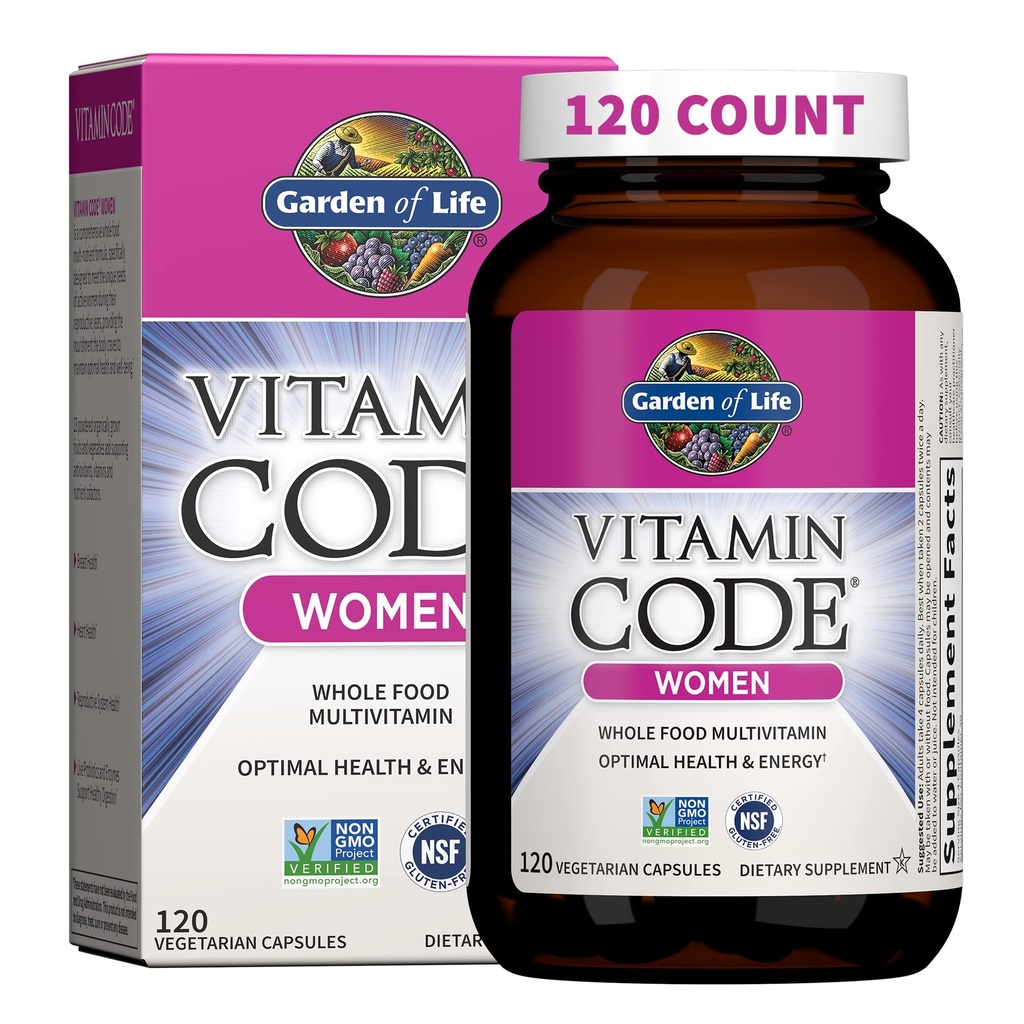 Jardín de Vida Multivitamínico para Mujeres, Código de Vitamina Mujeres Multi - Mujeres Alimentarias enteras Multi Vitaminas, Hierro, Folato no Ácido Fólico, Vitamina A y Probióticos para Mujer Energía, 120 cápsulas vegetarianas