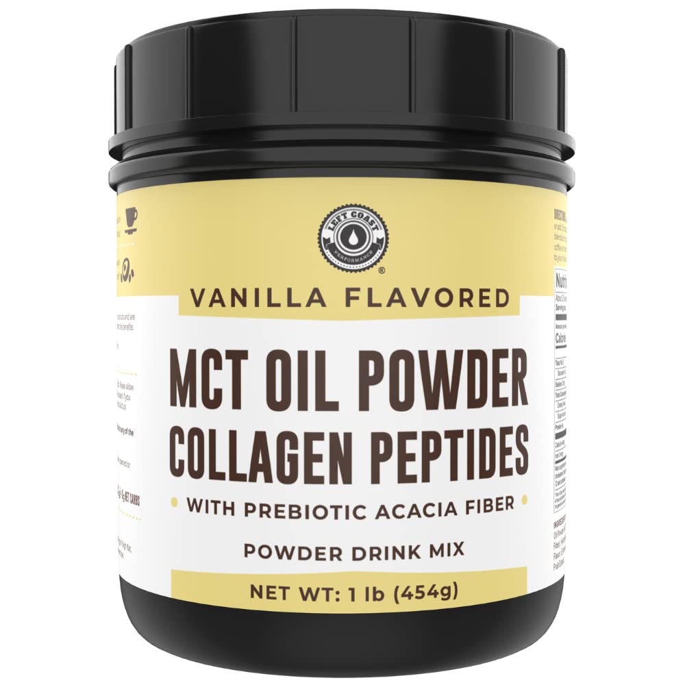 Keto MCT Oil Powder + Collagen + Prebiotic Acacia Fiber, Vanilla Flavor, 16oz. MCT Oil Powder de Cocos. Grass Fed Collagen, Perfecto para Keto, 0 Net Carb, Stevia, Erythritol, Powdered Drink