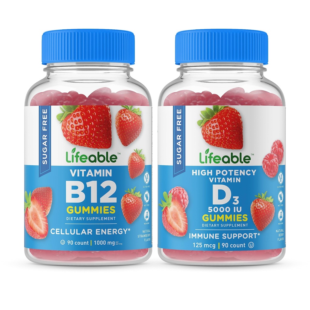 Vitamina B12 + Vitamina D 5000 UI, Gummies Bundle - Gran Tasting, Suplemento de vitamina, Gluten Gratis, GMO Gratis, Gummy Chewable