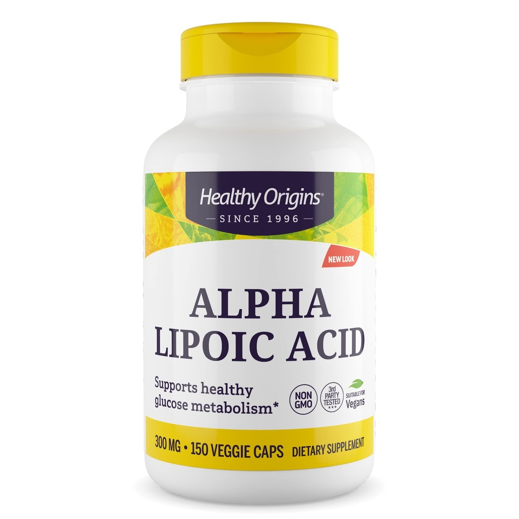 Orígenes saludables Ácido Lipoico alfa, 300 mg - Suplemento Ácido Lipoico alfa - Apoyo Antioxidante - Suplemento libre de gluten - 150 cápsulas vegetales