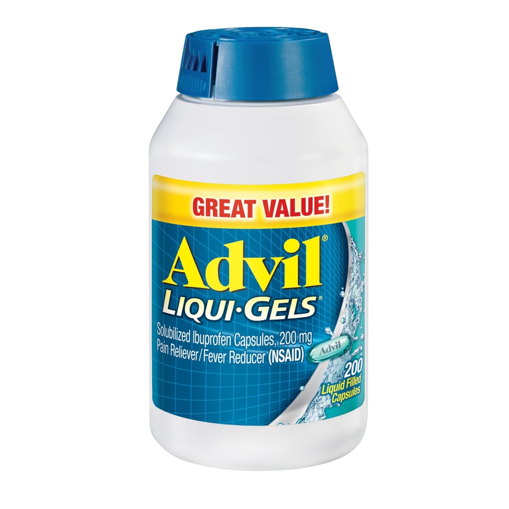 Alimentador de Dolor y Reductor de Dolor Advil Liqui-Gels, Medicamento de Dolor para Adultos con Ibuprofen 200 mg para Dolor de Cabeza, Dolor de Dolor, Dolor Menstrual y Alivio de Dolor Conjunto - 200 cápsulas llenas de líquido