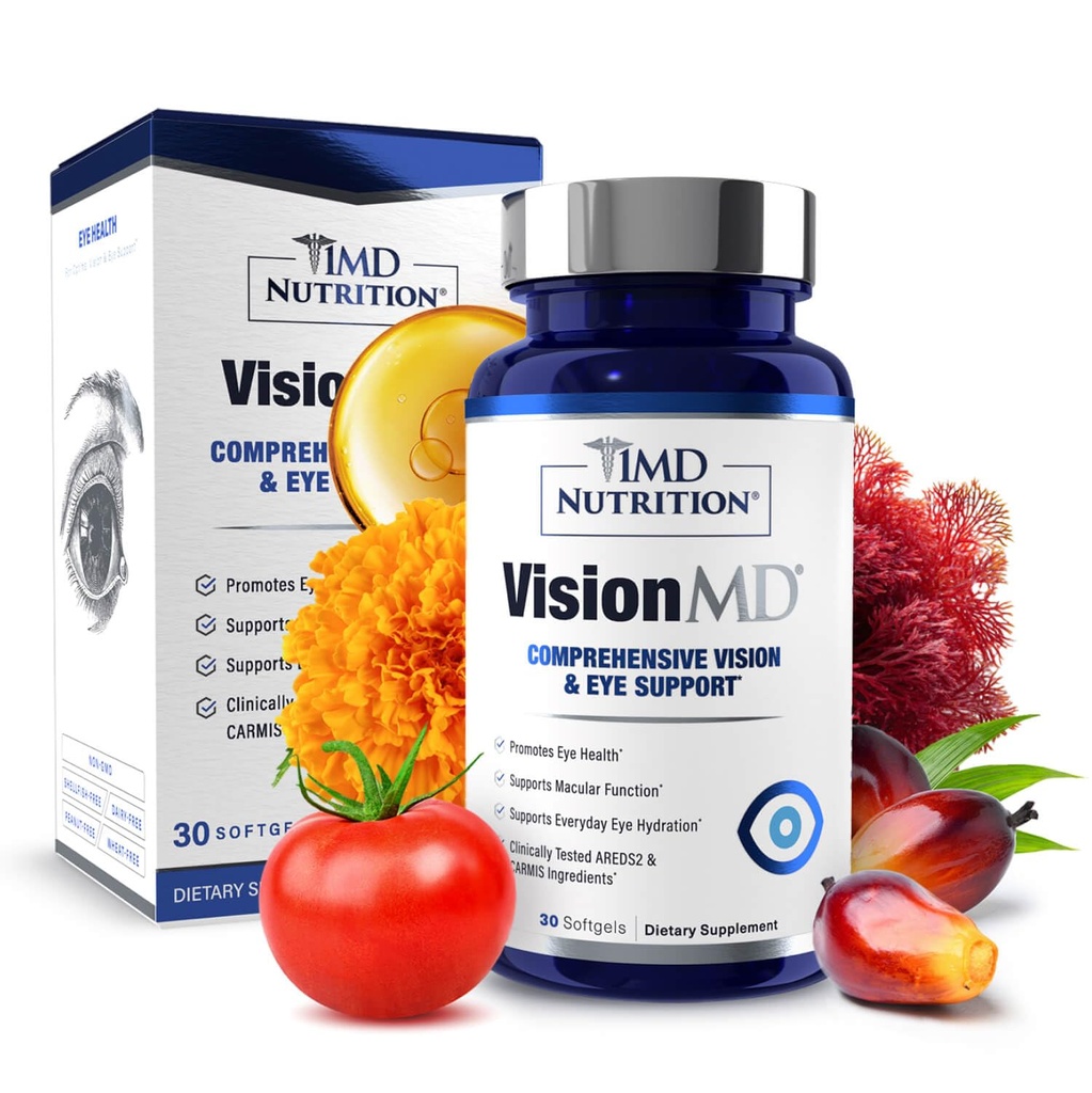 1MD Nutrition VisionMD Eye Vitamin CARMIS - Complemento de ojos para adultos - con OptiLut Lutein & Zeaxanthin - Apoya Vision Health Care, Everyday Eye Strain, " Ojo seco ocasional - 30 Softgels