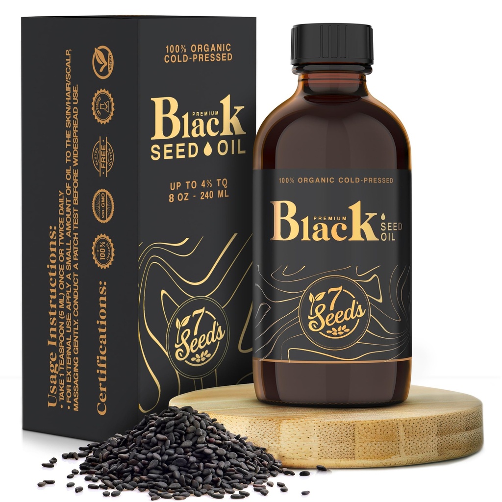 7 Semillas Frío Aceite de semilla negra prensada - 240 ml Frío Presionado Nigella Sativa Líquido para soporte inmunitario, Apoyo a la inflamación, Digestión, Piel de pelo (8 Fl Oz)