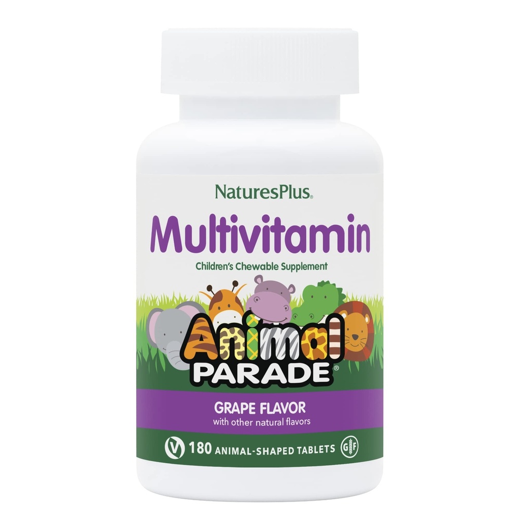 NaturesPlus Animal Desfile Multivitamínico Chewable para Niños - Grape Flavor - 180 Tablas con Forma de Animales - Promueve Salud &amp; Bienestar - Vegetariano, Gluten Gratis - 90 Servimientos
