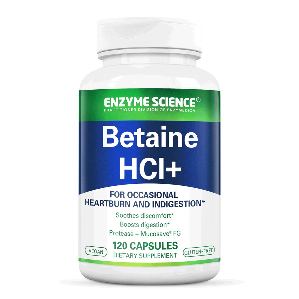 Enzyme Science Betaine HCl con Pepsin - Suplemento de ácido bajo estomacha - Suplemento hidrocloruro de betaina - Enzimas digestivas - 120 cápsulas