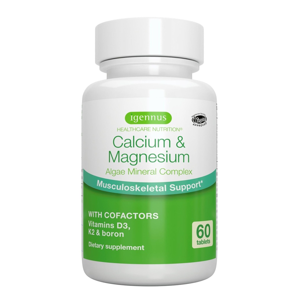 Igennus Algae Calcium &amp; Magnesium Supplement, Plant Based, High Absorption, K2 " D3, Non-GMO Red Algae Mineral Complex for Bone " Teeth Support, for Women and Men, with Boron, Vegan, 60 Tablets