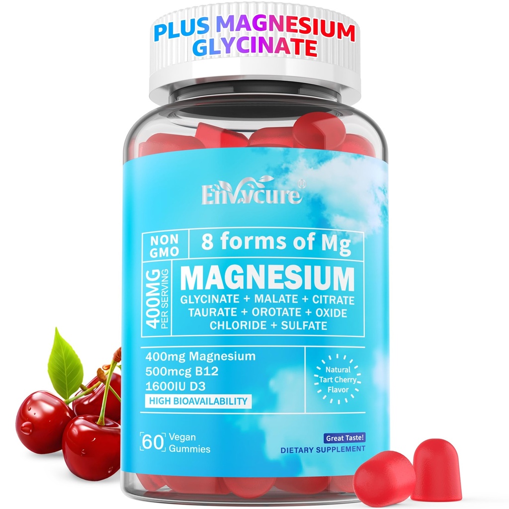 Magnesium Gummies 400mg TENIDO como 8 Formas de Magnesium Glycinate, Malate, Citrate, Taurate, Oxide, y Más Silencio con Ashwagandha Extract, D3 &amp; B12 Apoyos para la calma, Zzz, Mood, Muscle Cramp - Vegan 60 Cts