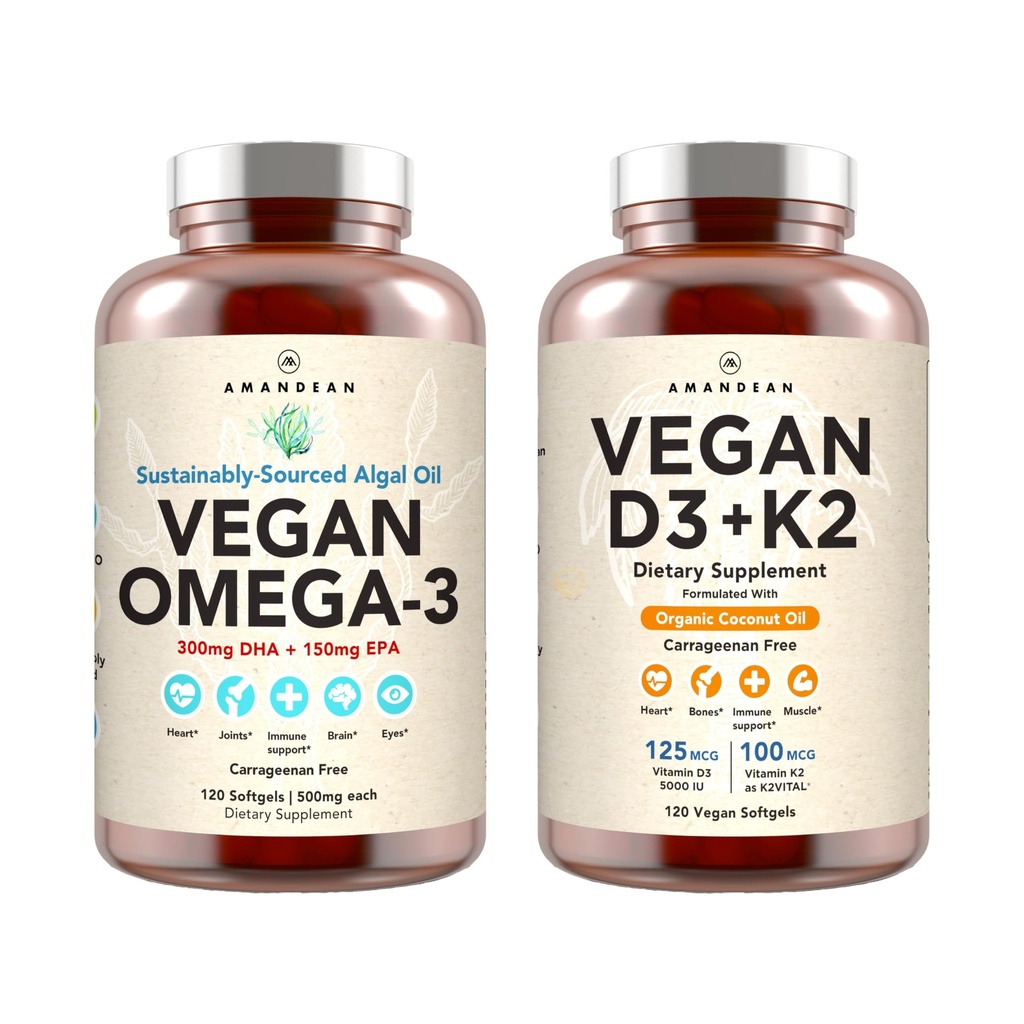 Vegan Powerhouse Combo. Omega-3 de Algal Oil & Vitamin D3 + K2. Planta-Basada 5000 iu VIT D de Algae. 100 mcg All-Trans MK-7 Vita K. Carrageenan Free Veggie Softgels.
