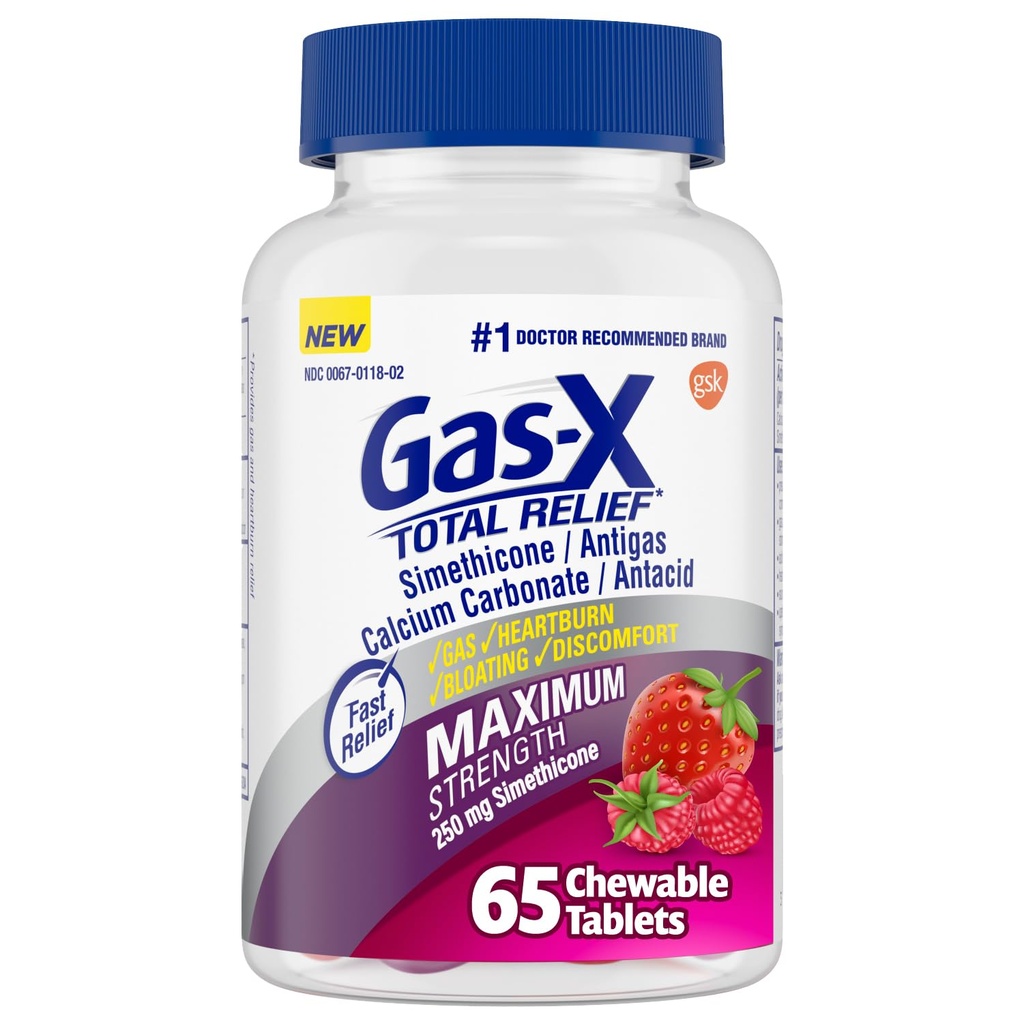Gas-X Total de Alivio Chewable Tablets con Máxima Fuerza Gas Alivio Simethicone 250 mg y Heartburn Relief Calcium Carbonate 750 mg, Bloating Relief, Mixed Berries - 65 Cuenta