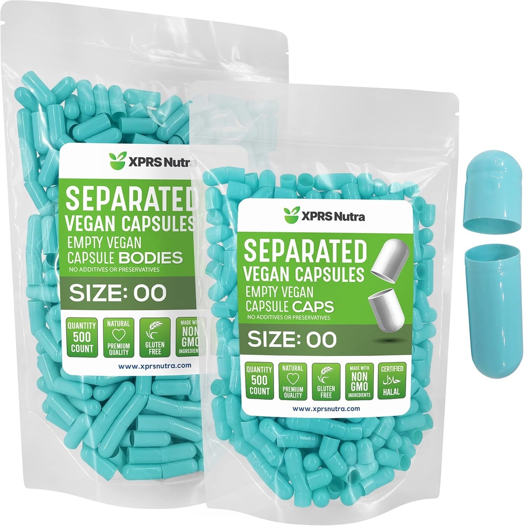 XPRS Nutra Vegan Tamaño 00 cápsulas separadas - 500 cápsulas de vacío Premium Separados en bolsas - 00 pastillas Vacío para relleno de suplemento de bricolaje (Aqua)