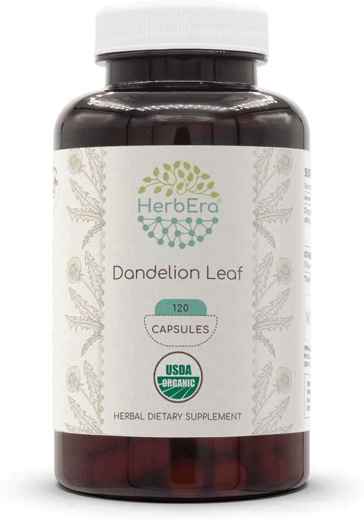 HerbEra Dandelion Leaf 120 Capsules, 500 mg, USDA Dandelion Orgánico (Taraxacum Officinale) Hoja seca (120 cápsulas)