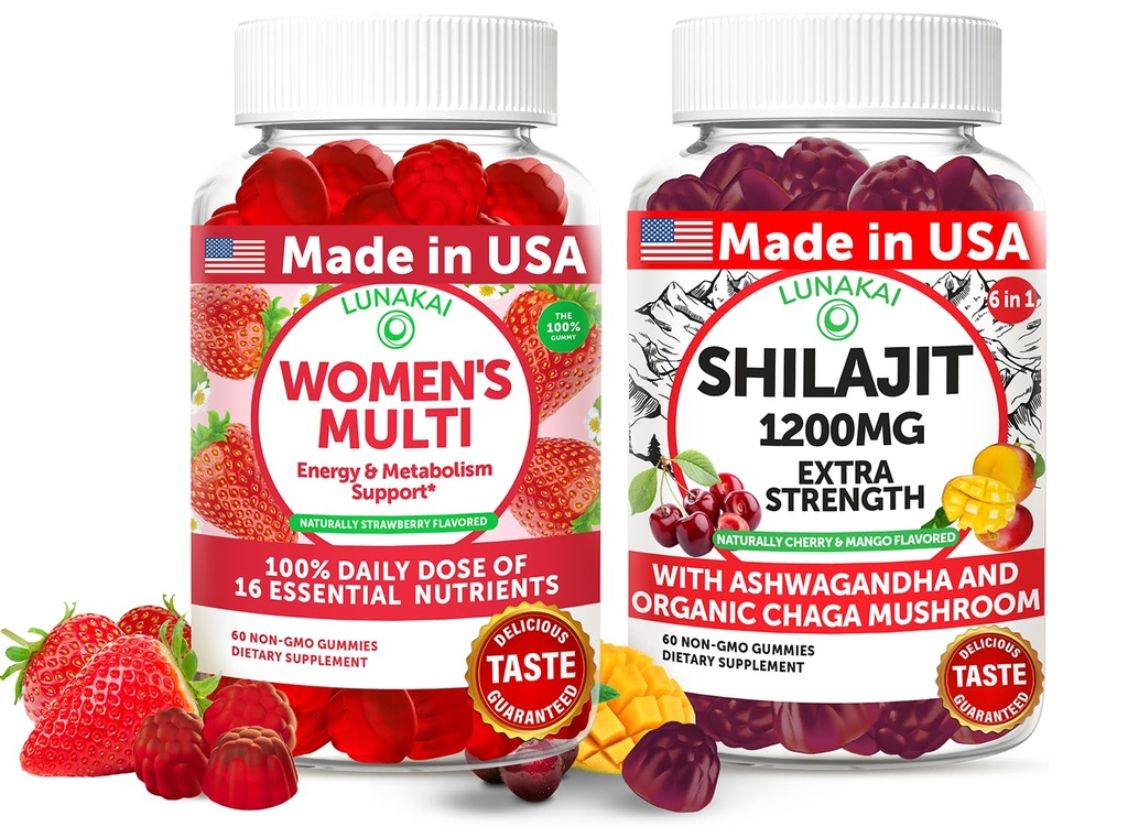 Lunakai USA Made Womens Multivitamin &amp; Shilajit Gummies Bundle – Energy, Immune & Vitality Support – Naturally Flavored – 60 Gummies no GMO Cada uno