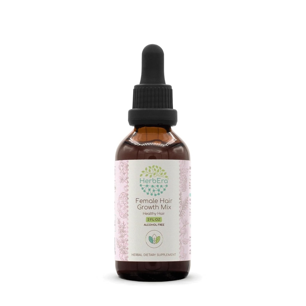 HerbEra Female Hair Growth Mix B60 Alcohol-Free Extract Tintura, Concentrated Liquid Drops Rosemary Leaf, Eleuthero Root, Stinginging Nettle Root, Horsetail Herb, Reishi Mushroom, Brahmi Herb. 2 Fl Oz