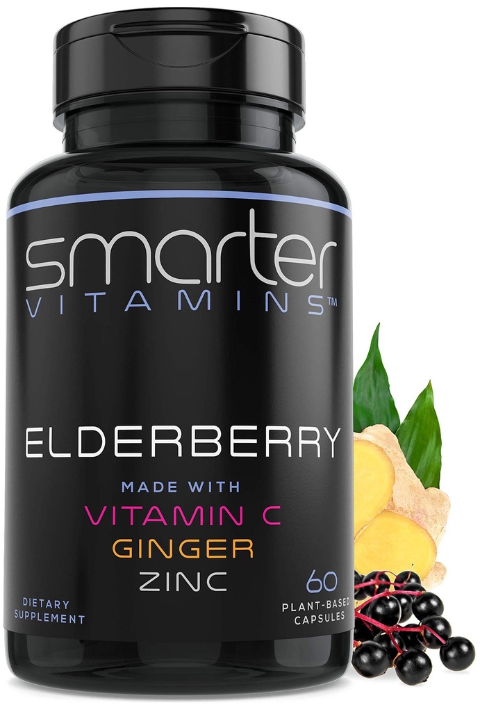 Más inteligentes cápsulas de arándano + vitamina C + jengibre &amp; zinc, suplemento herbario, potente extracto de baya de anciano negro vitamina antioxidante, 60 píldoras veganos