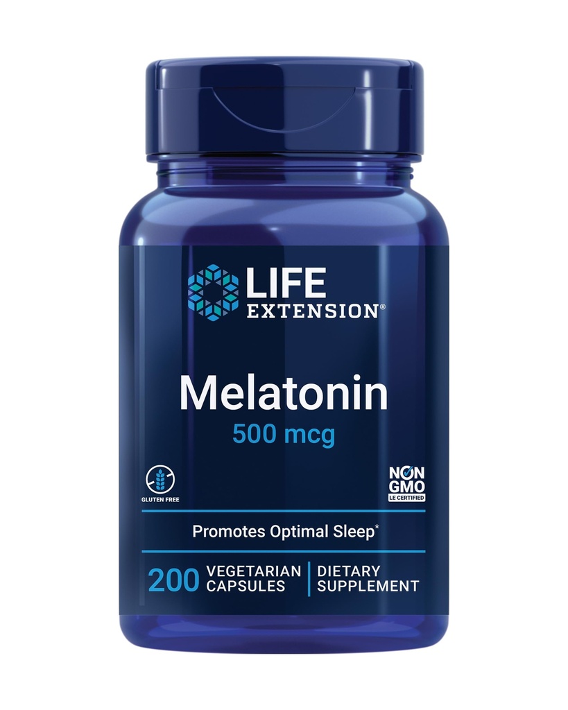 La extensión de vida Melatonina, 500 mcg – Gently Promueve el sueño, la baja dosis, el valor tamaño – No GMO, libre de gluten, vegetariano – 200 cápsulas