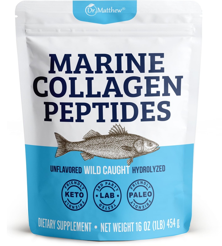 Dr. Matthew Marine Collagen Peptides Powder de Hydrolyzed Wild Caught Fish Protein - Hair &amp; Beauty Suplementos para Mujeres Hombres