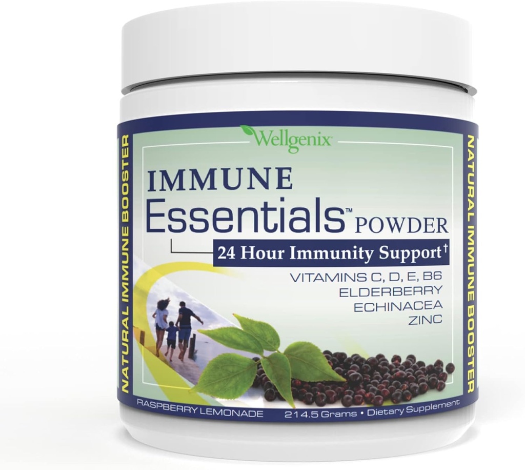 Wellgenix Immune Essentials - Multivitamin Powder for Men, Women &amp; Kids - Vegan Supplement with Vitamins C, D Elderberry Zinc, Echinacea for Toddler, Kid &amp; Adult - 7.57g (Raspberry Lemonade)